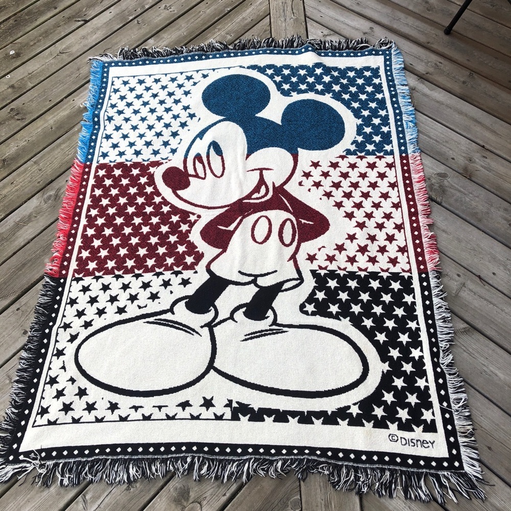 Mickey Mouse Reversible Blanket Woven Fringe Throw Disney Stars Stripes